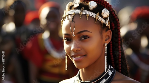 a young, attractive, woman from the oromo Tribes of Ethiopia beautiful Cushitic Ethiopian features. coy smile, happy. generative AI