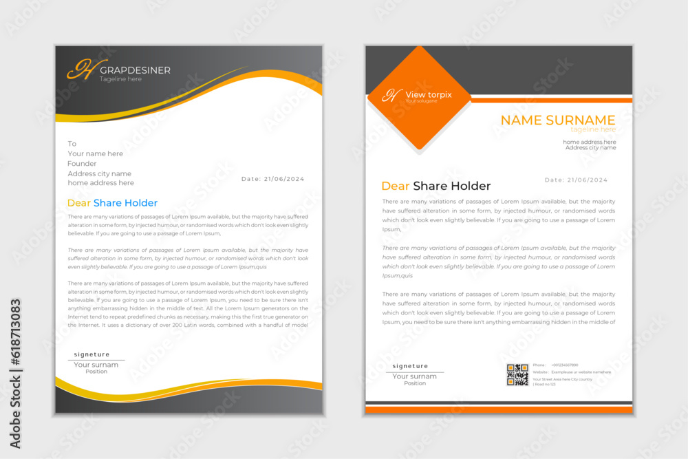 Corporate letterhead design. Easy Customizable and Editable
– Size A4 (8.27 in x 11.69 in)
– RGB Color
– 300 DPI Resolution
– Print Ready