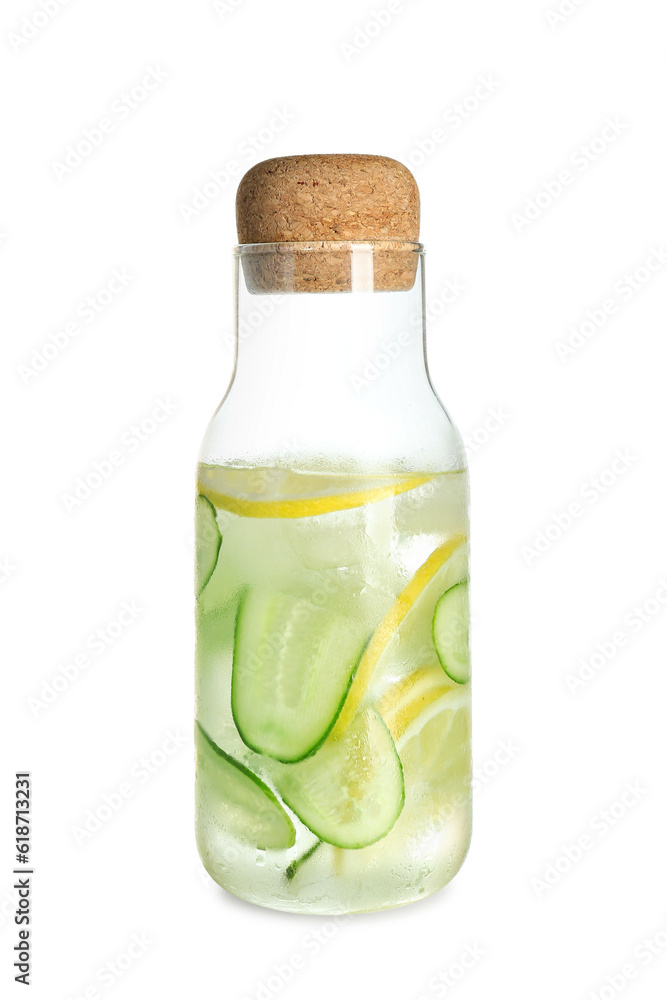 Bottle of lemonade with cucumber on white background Bottle of lemonade with cucumber on white background