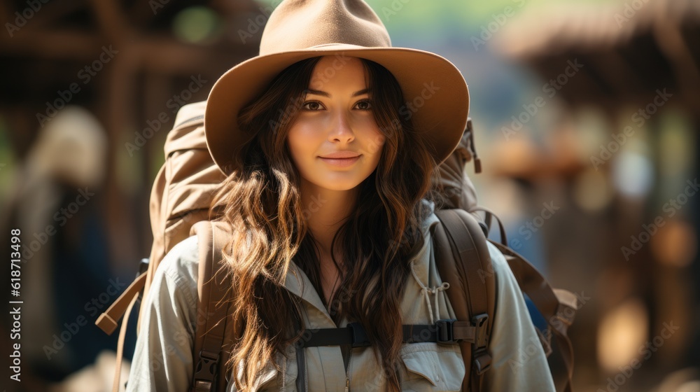 Fototapeta premium Beautiful Asian backpacker traveling alone in the forest. Attractive young female tourist looks around and explores while walking in the natural forest with joy and fun during holiday trip.