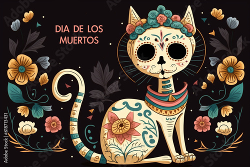 Generative AI. Day of the dead, Dia de los muertos, cats skulls and skeleton decorated with colorful Mexican elements and flowers. Fiesta, Halloween, holiday poster, party flyer. 