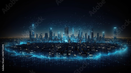  urban architecture, cityscape with space and neon light effect. Modern hi-tech, science, futuristic technology concept.