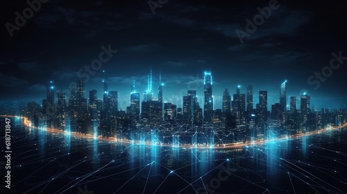  urban architecture  cityscape with space and neon light effect. Modern hi-tech  science  futuristic technology concept.
