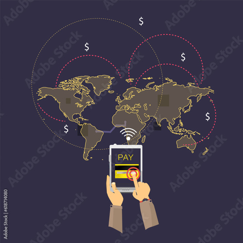 Flat style mobile payment via internet, vector.