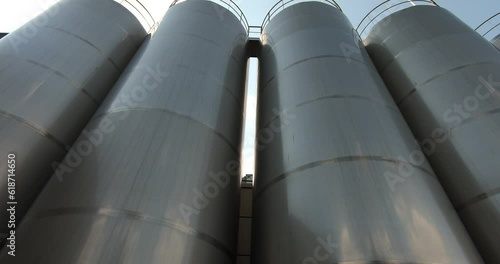 A milk storage tank at a dairy plant. Milk tanks in the unloading area