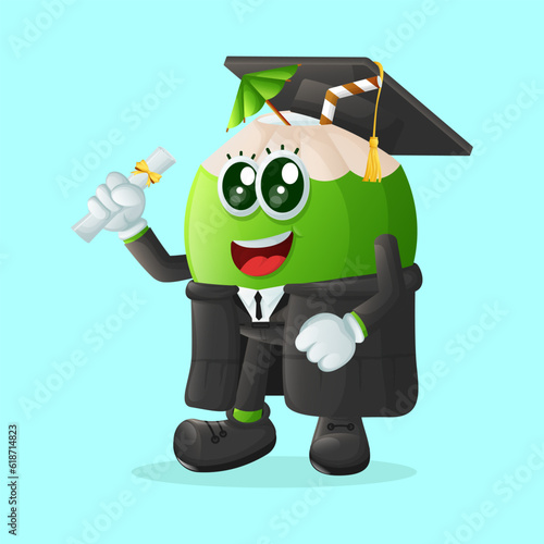 Cute coconut character wearing a graduation cap and holding a diploma