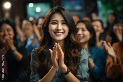 A smart Asian woman presents and receives compliments and enhancements from her teammates. People applauded with happy smiles in the conference room. business finance © sirisakboakaew