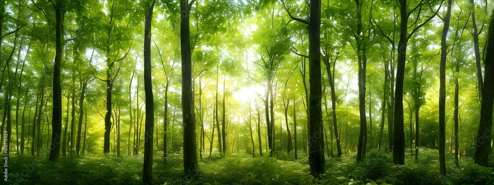 Fototapeta premium 自然の緑の林の間から差し込む陽の光