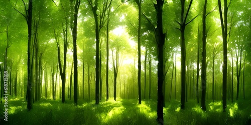 自然の緑の林の間から差し込む陽の光 © sky studio