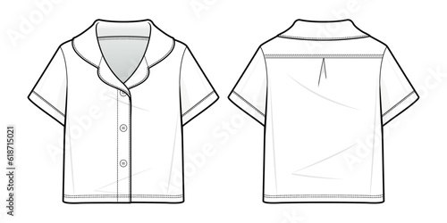 Pajama shirt flat technical fashion illustration. pajama shirt with Short Sleeve, and Notch Collar fashion flat technical drawing template, front view, back view, white color, women, CAD mockup.