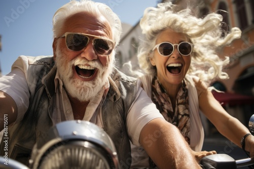 Retirement couple on scooter in Italy, Europe. Happy elderly people on vacation. Concept