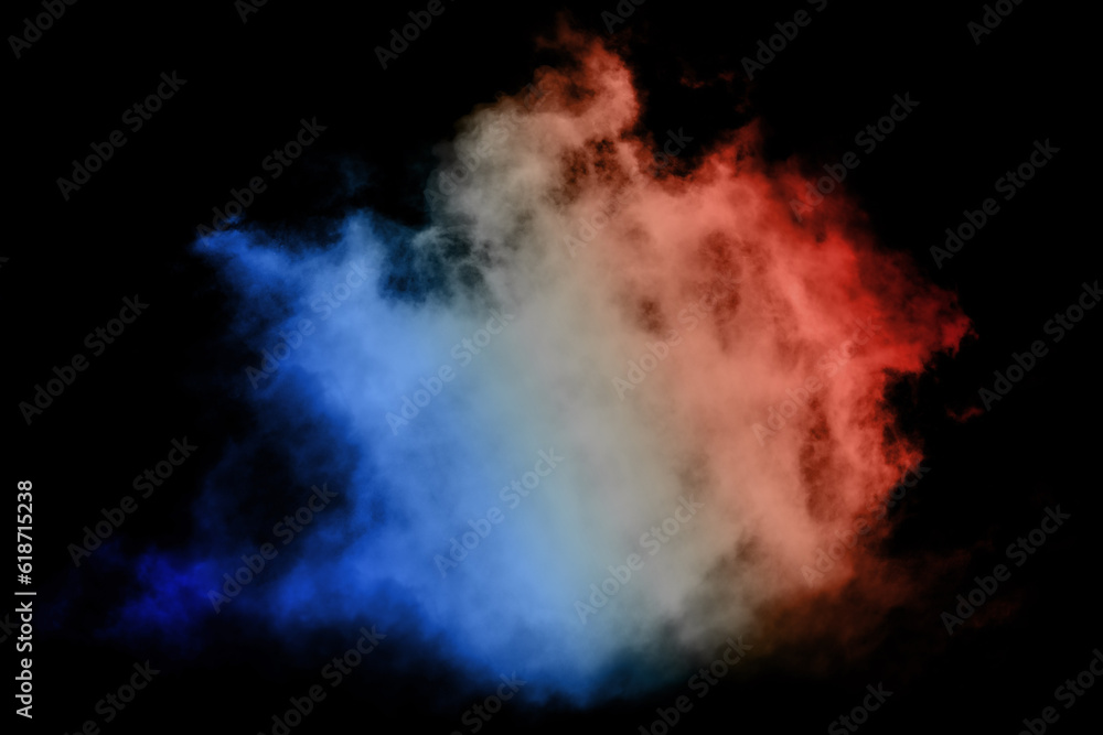 Colorful French flag blue white red color holi paint powder explosion on isolated background. France Europe celebration soccer travel tourism concept.