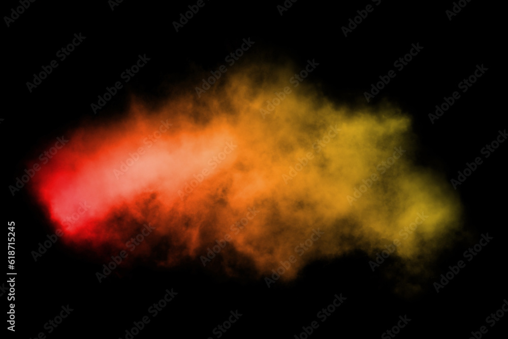 Color smoke. Paint water mix. Fire flame. Red yellow burning glowing glitter vapor texture on dark black abstract art background with free space.