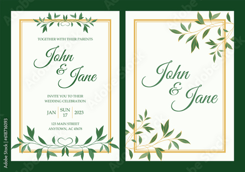 Elegant wedding invitation desing on light green background with green and gold branches