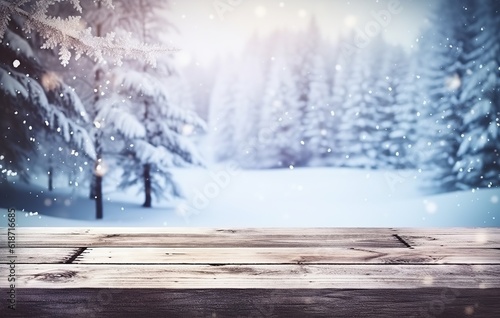 A beautiful winter snowy background for product presentation with blurred defocused and empty wooden flooring, featuring flakes of snowfall and sparkles on light. Made with Generative AI technology © mafizul_islam