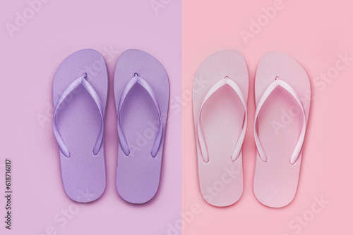 Pink and lilac flip-flops on color background
