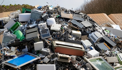 Computer circuit boards with processor. Reclaiming Resources Heap of E-waste Awaits Sustainable Recycling