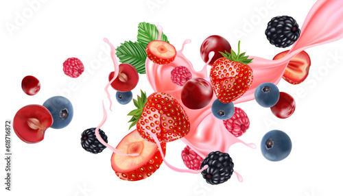Mix berries smoothies fruit splashing of Tropical fruits isolated on white background. Vector in 3D illustrations.