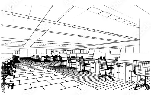 huge office area,office area for document work line drawings,3d rendering