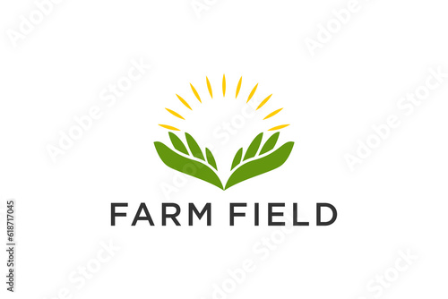 Organic farm logo design hands leaves icon symbol sunshine element