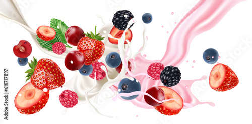 Mix berries smoothies fruit splashing of Tropical fruits isolated on white background. Vector in 3D illustrations.