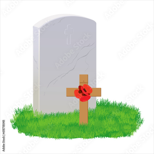 A tombstone made of white marble on green grass, a small wooden cross erected by people who lost a family member in the war. Memorial Day of the Fallen. A memorable date of Great Britain and Canada.