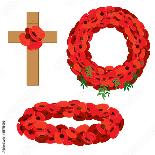A cross with red flowers, a wreath of red poppies. On Memorial Day, the grave and monument are decorated with a flower wreath. A memorable date of Great Britain and Canada. Remembrance Sunday.