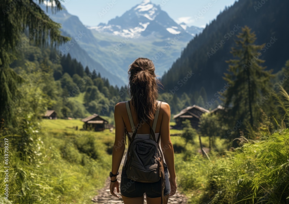 Fototapeta premium Woman hiking in the mountains, AI generative 