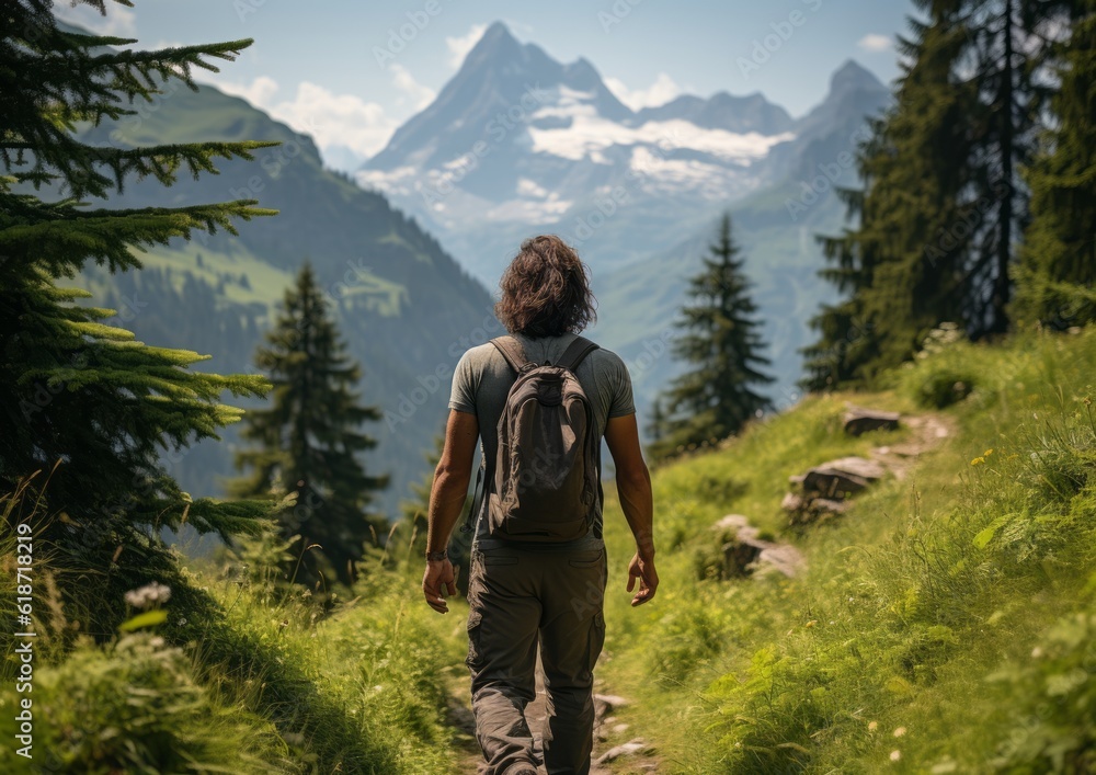 Man hiking in the mountains, AI generative 
