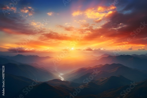 A breathtaking sunset over a serene mountain range, casting a warm golden glow on the tranquil landscape, perfect for travel and nature enthusiasts.