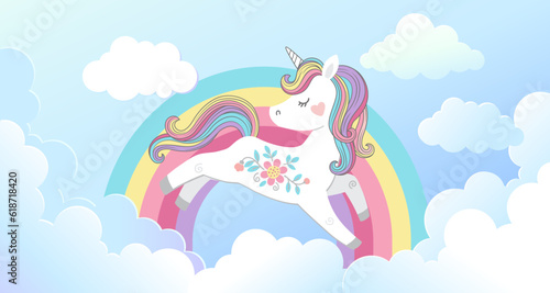 Vector background in for magic design. Cute unicorn jumps on fluffy cloud and bright rainbow in the blue sky