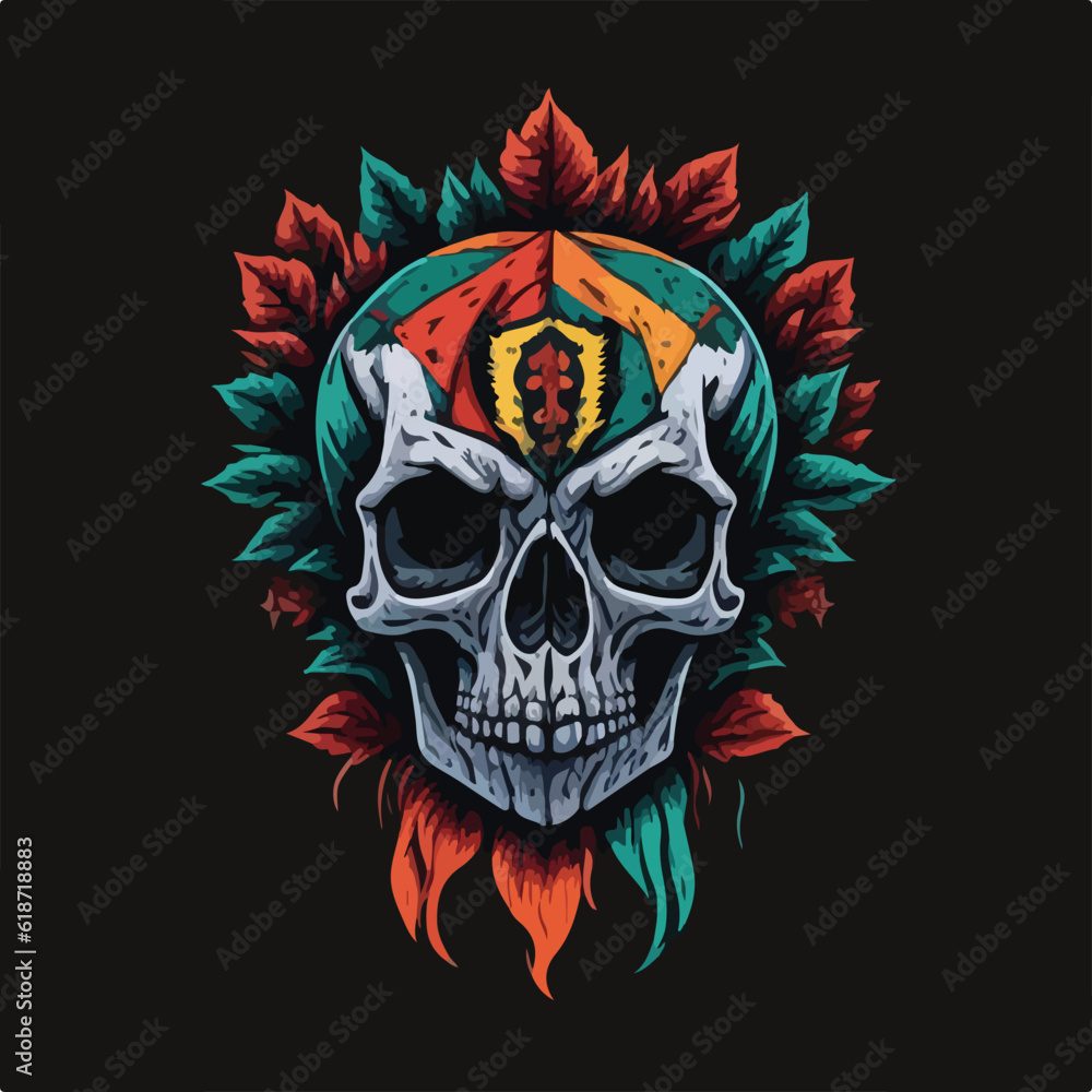 Vintage colorful skull face art design in vector illustration. Wild west skull
