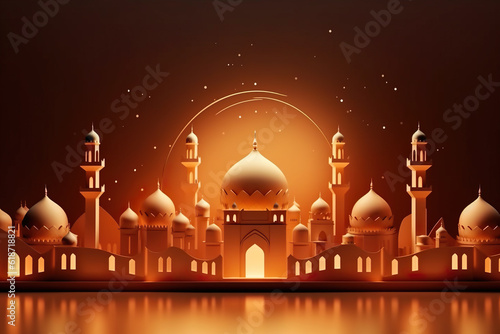 Illustration of eid mubarak background with mosque and moon. Generative AI