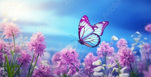An illustration of a Purple butterfly on wild white violet flowers in grass against the blue sky, macro view. Made with Generative AI technology © mafizul_islam