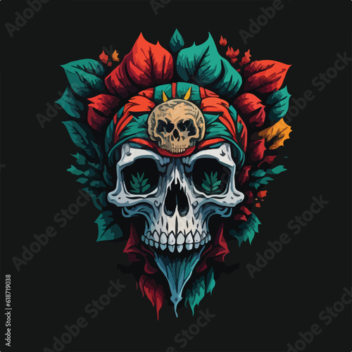 Vintage colorful skull face art design in vector illustration. Eagle skull