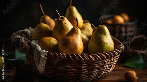 Pear fruits in the bamboo basket with blur background