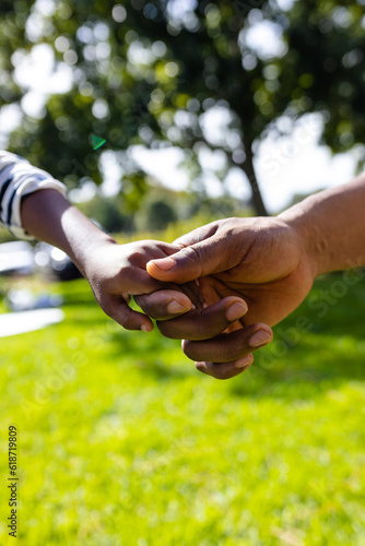 Closeup of african american father and son holding hands over grassy field in yard during sunny day