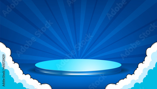 podium for product placement with bright background. cartoon comic art style design on Blue