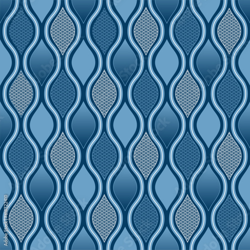 The pattern consists of vertical wavy lines representing the steam and waves of the blue sea. Blue Asian pattern. wallpaper and wrapping paper background