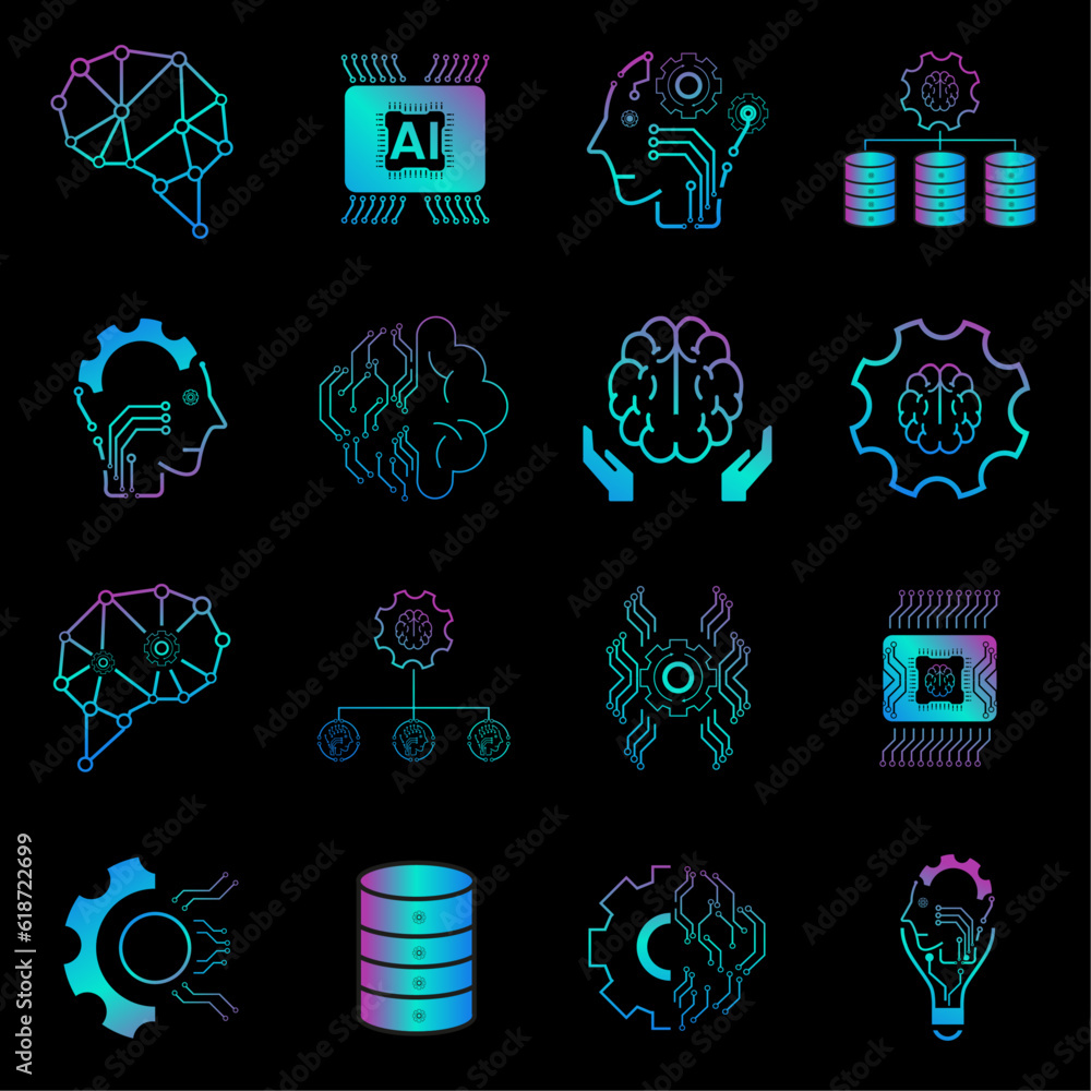 Group of technology icons vector, AI vector concept, 16 icons of AI ...