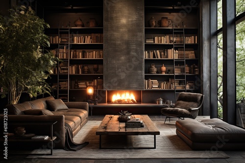 Luxury interior, living room with fireplace and bookshelf. Generative Ai © vassileva_t