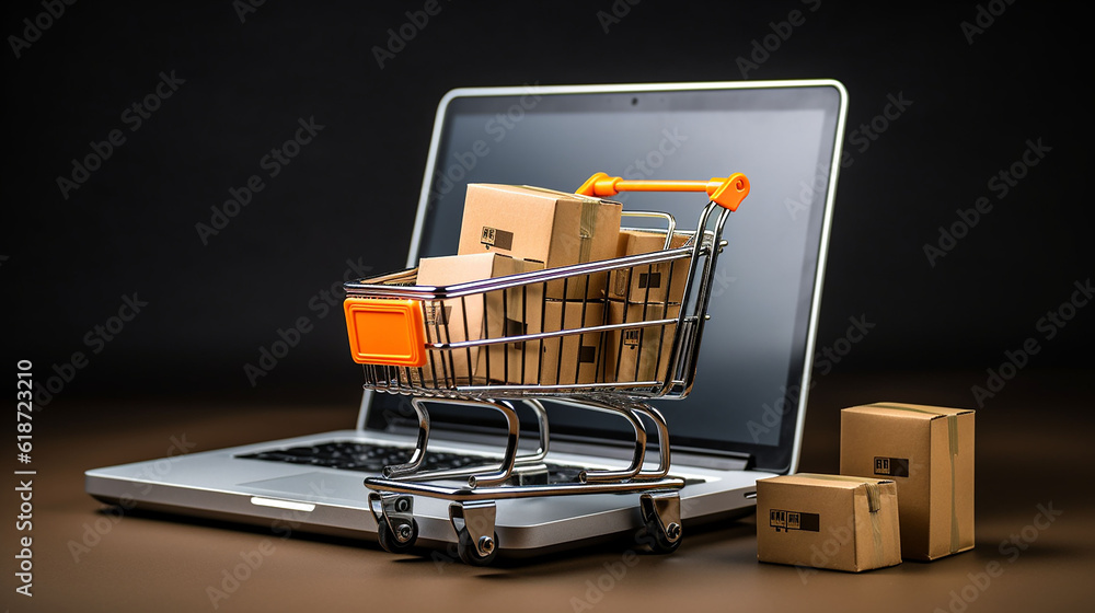 Product package boxes in cart with a shopping bag and laptop computer, Generative Ai