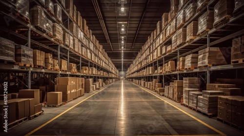 Warehouse interior with shelves and rows of boxes. © Pro Hi-Res