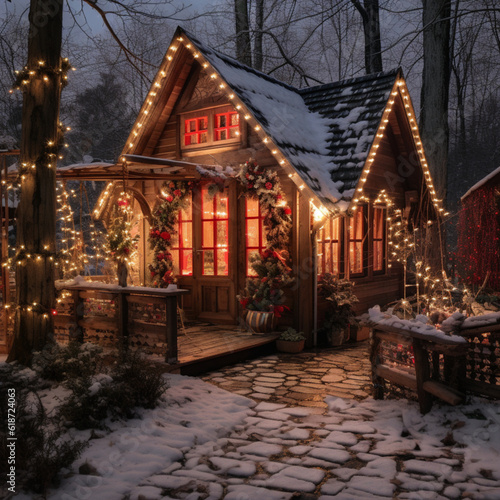 Illustration, AI generation. house decorated with Christmas garlands for the New Year. Outdoors.