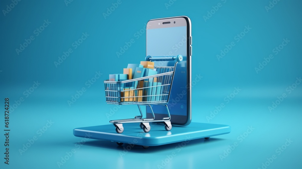 Digital Commerce Made Easy, Online Shopping Concept, 3D Rendered on a Smartphone, Enhanced with a Cool Blue Background, generative ai Digital Commerce Made Easy, Online Shopping Concept, 3D Rendered on a Smartphone, Enhanced with a Cool Blue Background, generative ai