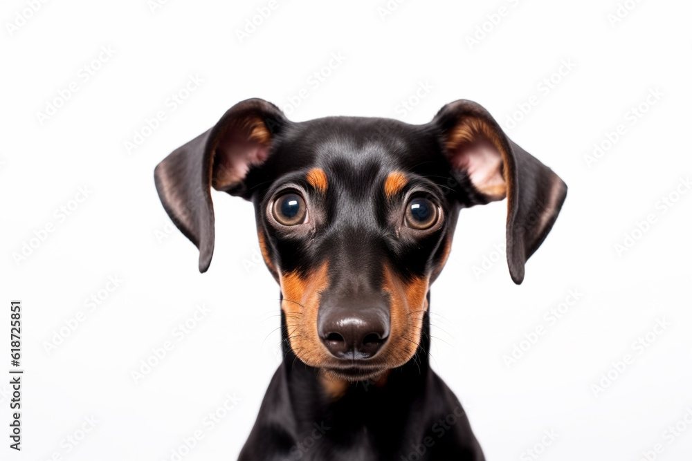 Portrait of small Pincher dog on white background