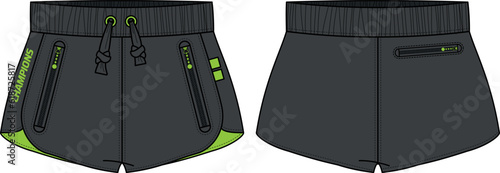 Retro Running trail Shorts jersey design flat sketch Illustration, Athletic Short shorts concept with front and back view for tracking active wear shorts design.