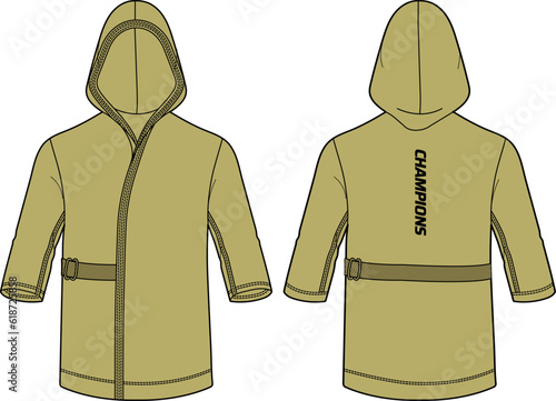 Long sleeve kimono Hoodie jacket sweatshirt design flat sketch Illustration, recovery Hooded jacket with front and back view, winter jacket for Men and women for training, Running and workout