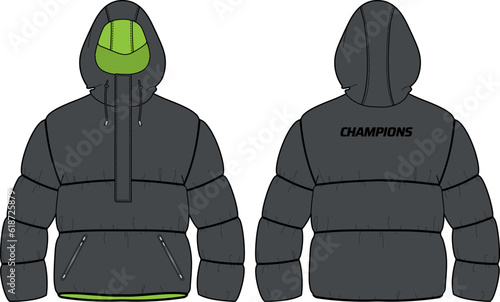 Down puffa Hoodie jacket design flat sketch Illustration, Quilted Puffer Padded Hooded jacket with front and back view, Soft shell winter jacket for Men and women for outerwear in winter.