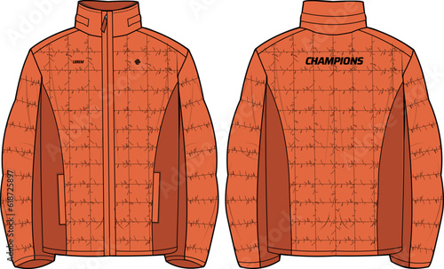 Quilted Puffer cirrus insulated jacket design flat sketch Illustration, Down puffa lite jacket with Zipper front and back view, winter jacket for Men and women. for training, Running in winter.